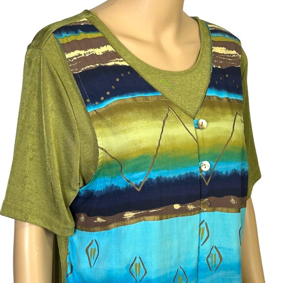 Cascais Of California Womens L Green Blue Short Sleeve Stretch Blouse Shirt - Picture 4 of 11